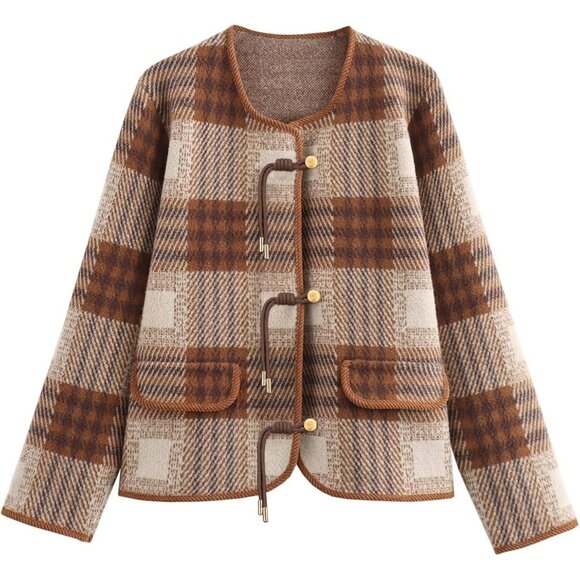 Sweaters - Women's Plaid Knit Cardigan Sweater Long Sleeve Pockets Casual Fall